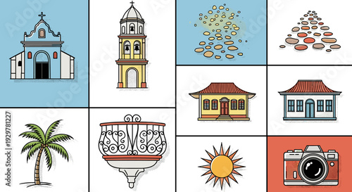 Colorful architectural and cultural icons in retro comic style