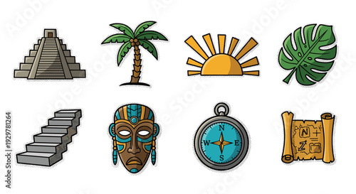 Colorful icon set: pyramid, palm, sun, leaf, steps, mask, compass, map