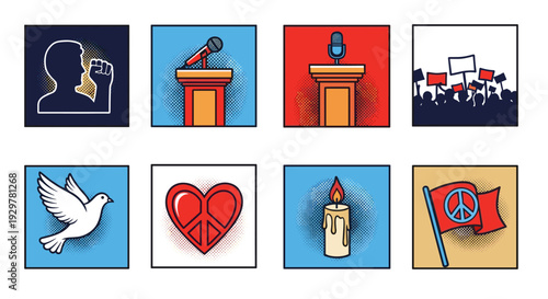 Pop art icons of protest and peace: microphone, dove, heart, candle, and flag symbols
