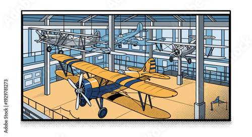Retro aviation museum: vintage biplanes in pop art comic style hangar scene
