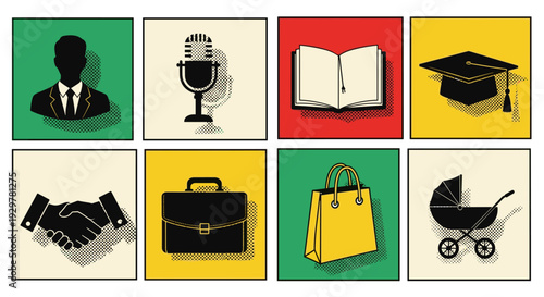 Pop art icons: business, education, parenthood, and audio symbols in retro style