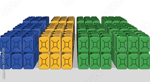 Isometric rows of colorful jerry cans in blue, yellow, and green arranged neatly