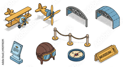 Retro aviation icons: isometric biplane, bridge, compass, and museum elements