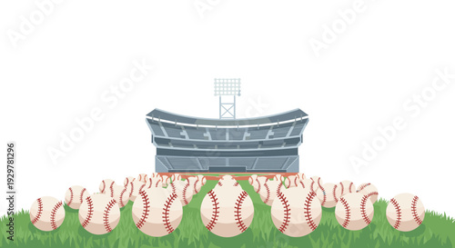 Baseball field with stadium and balls on grass
