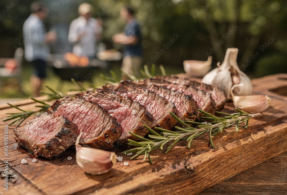 Obraz premium Delicious Sliced Grilled Steak with Rosemary and Garlic on Wooden Board