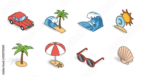 Summer icons collection with surf, beach, and sun elements in retro style