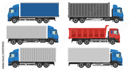 Colorful truck collection: flat side views of cargo and dump trucks