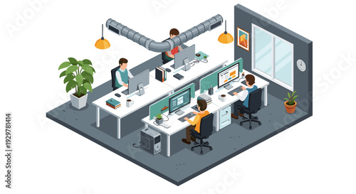 Modern office workspace with employees working at computers in isometric view