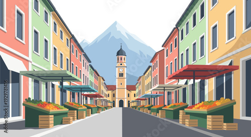 Charming town square market with colorful buildings and scenic mountain views