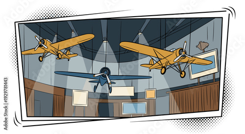 Retro aviation exhibit in comic art style