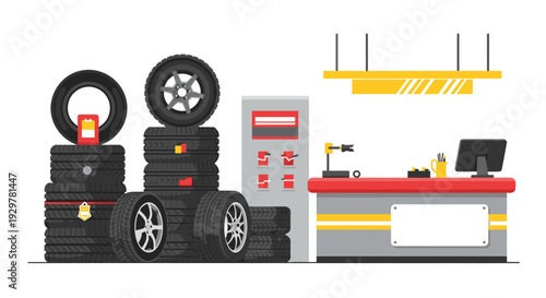 Automotive tire shop interior with stacked wheels and service counter
