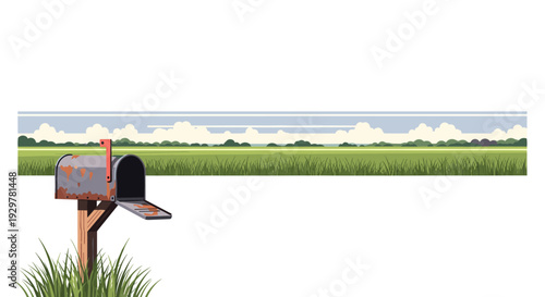 Rustic rural mailbox in scenic pastoral landscape with cloudy sky
