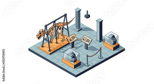 Isometric dinosaur skeleton exhibit with fossils and display boards in museum
