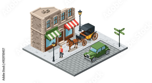 Vintage cityscape with horse carriage and old car in isometric style