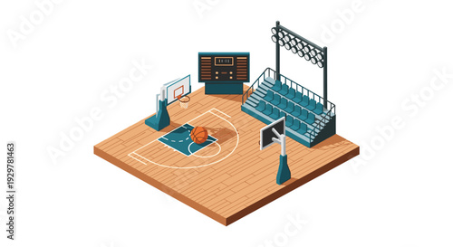 Isometric basketball court with seating and scoreboard