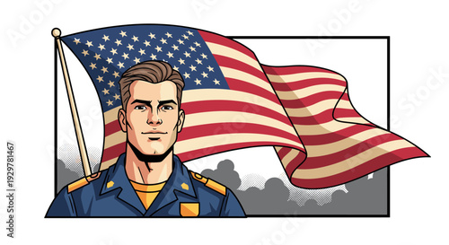 Proud soldier with american flag in bold comic style