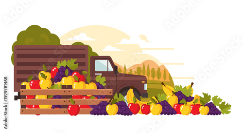 Colorful harvest truck with fresh produce in scenic landscape