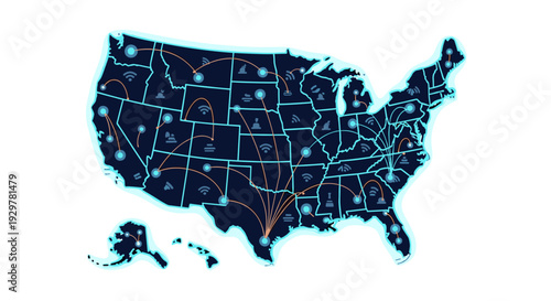Modern digital connectivity across usa with technology icons and network lines