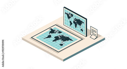 Isometric world map with 3d display panel and document on desk