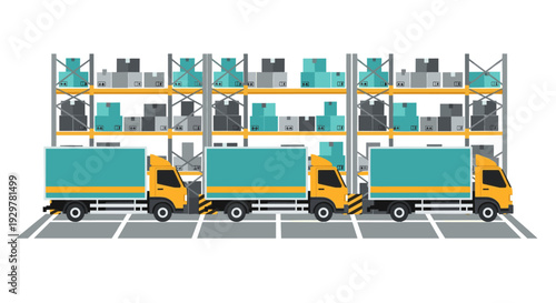 Warehouse logistics with trucks and shelves in flat design