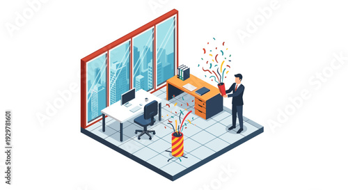 Isometric office celebration with confetti and business professional