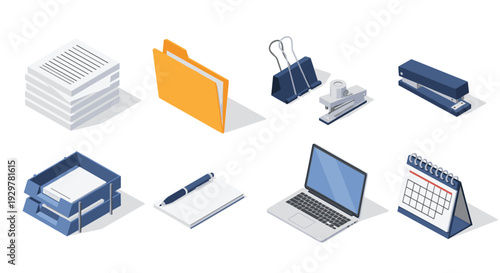 Isometric office supplies set with laptop, stationery, and calendar on white background