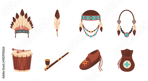 Traditional native american items set: feather headdress, drum, beaded necklace, moccasin, pipe, and medicine bag