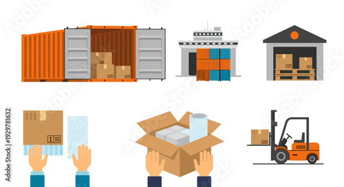 Warehouse logistics and packaging process with containers and forklift