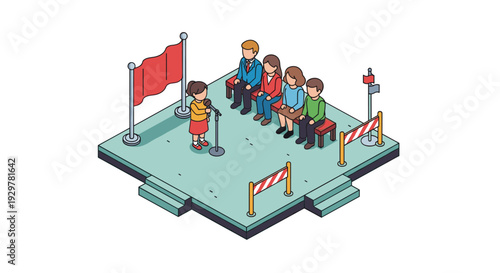 Child speaking on stage in isometric style with audience and flags