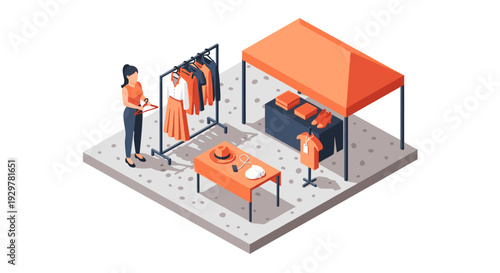 Isometric outdoor market scene with clothing and accessories display