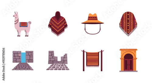 Traditional andean elements collection with llama, poncho, hat, and architecture