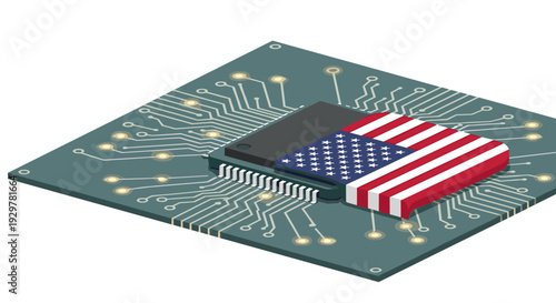 Isometric microchip with american flag design and circuit pattern
