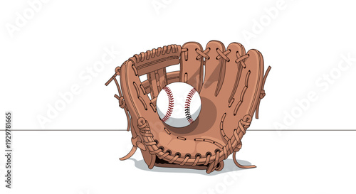 Baseball glove with ball in classic line art style on white background