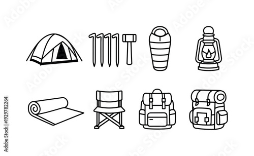 Camping tent accessories: camping tent, tent stakes, mallet, sleeping bag, camping lantern, ground mat, folding chair, backpack