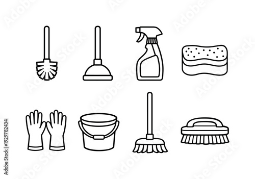 Bathroom cleaning supplies: toilet brush, plunger, spray bottle, cleaning sponge, rubber gloves, bucket, mop, scrub brush