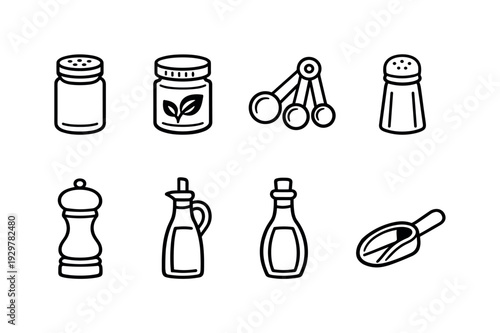 Home spice and seasoning items: spice jar, herb container, measuring spoon, salt shaker, pepper grinder, oil bottle, vinegar bottle, small scoop