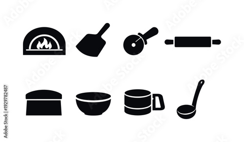 Pizza kitchen tools: pizza oven, pizza peel, pizza cutter, rolling pin, dough scraper, mixing bowl, flour sifter, sauce ladle