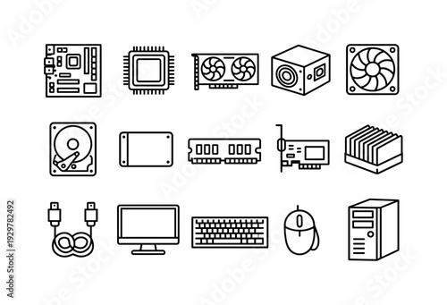 Computer hardware components: motherboard, processor, graphics card, power supply, cooling fan, hard drive, solid state drive, memory module, network