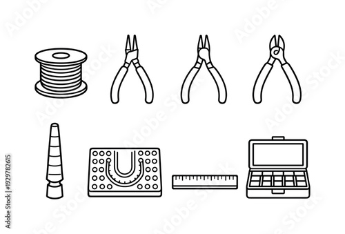 Wire jewelry tools: wire spool, round-nose pliers, chain-nose pliers, wire cutter, mandrel, bead tray, ruler, storage box