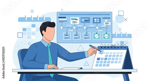 Man Planning Schedule on Calendar and Flowchart Board