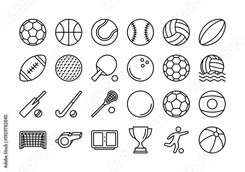 Sports equipment icons arranged in grid on white background