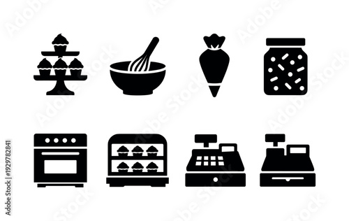 Cupcake shop equipment: cupcake stand, mixing bowl, whisk, piping bag, sprinkle jar, oven, display case, cash register