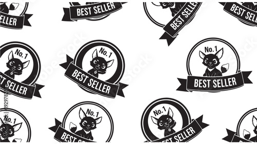 Repeating graphic design with a stylized dog within a 'BEST SELLER' and 'No. 1' badge, symbolizing excellent product quality and guaranteed market leadership