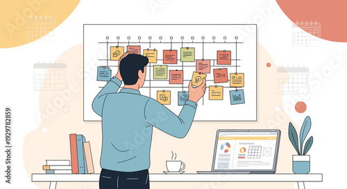 Man planning tasks on a kanban board with sticky notes, laptop and coffee