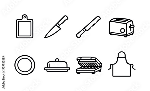 Home sandwich making tools: cutting board, chef knife, bread knife, toaster, plate, butter dish, sandwich press, apron
