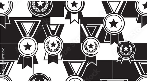A collection of black and white graphic elements including stars, medals, and ribbons arranged in a repeating pattern on a grid background viewed from directly above