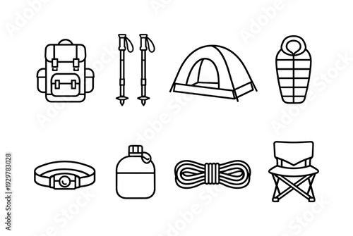 Camping forest adventure gear: backpack, trekking poles, camping tent, sleeping bag, headlamp, water canteen, rope coil, folding chair