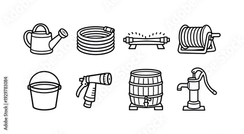 Garden patio watering tools: watering can, garden hose, sprinkler, hose reel, spray nozzle, rain barrel, bucket, water pump