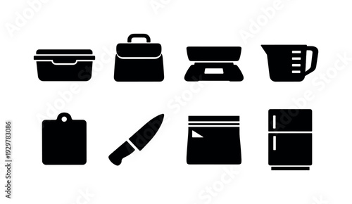 Home meal prep containers: food container, lunch box, kitchen scale, measuring cup, cutting board, chef knife, storage bag, refrigerator