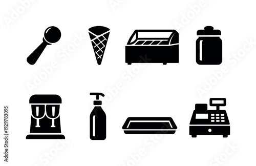 Ice cream shop equipment: ice cream scoop, waffle cone, freezer case, topping jar, milkshake mixer, syrup bottle, serving tray, cash register